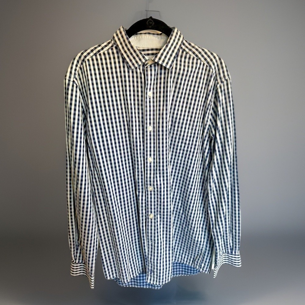 Johnston & Murphy Button-Up Shirt Mens Size Large‎ Blue White Long Sleeve Plaid